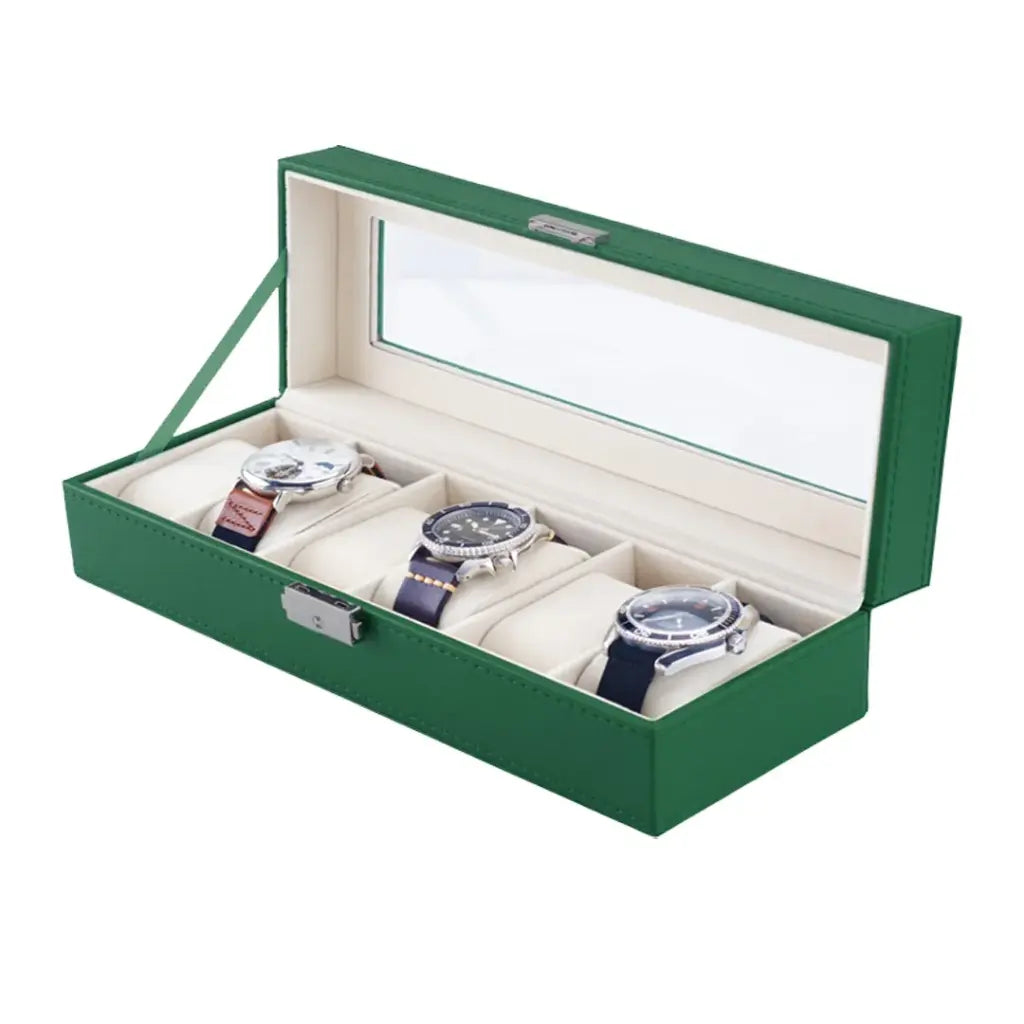 علبة ساعات جرين لايون كلاسيك ب 6 فتحات وزجاج علوي - اخضر | Green Lion Classic Watch Box 6 Slots with Glass - Green
