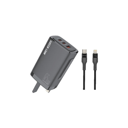 Green Lion PD+PD+QC3.0 Gallium Nitride Solution 65W+TC IPH data cable 1m -شاحن جرين ليون ثنائي بقدرة 65 واط مع كابل مظفر 1 متر