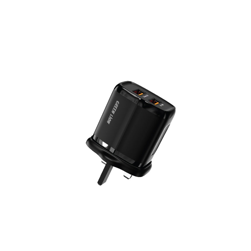 شاحن جرين لايون ثنائي المنفذ مع كيبل يو اس بي اي الى يو اس بي سي بطول 1 متر - اسود | Green Lion 2USB 2.4A 18W + USB Type-C Data Cable 1m - Black