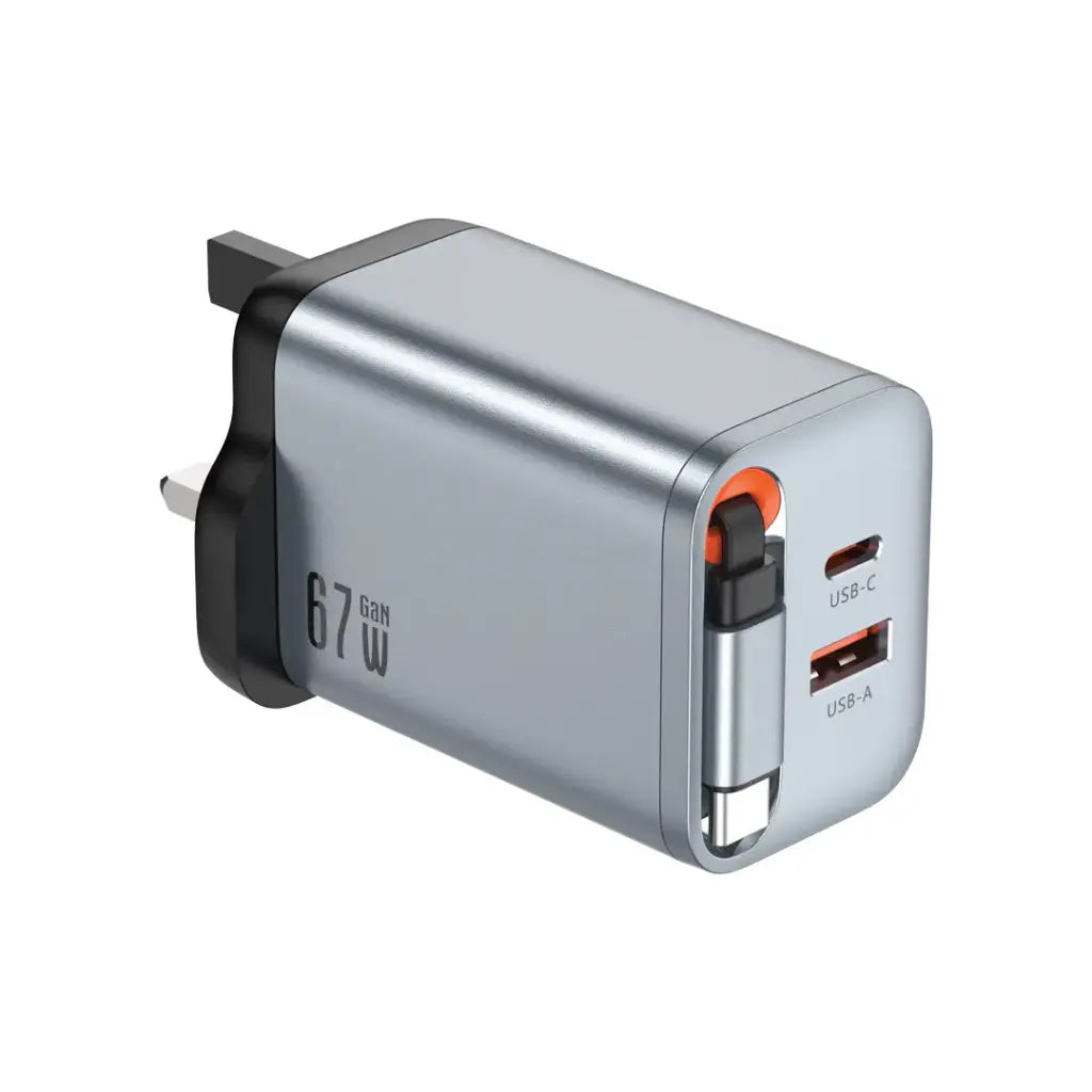 Green Lion GaN Premium UK Plug Wall Charger 40W - Gray -شاحن جداري جرين ليون جان بريميوم بقدرة 40 واط مع كابل مدمج
