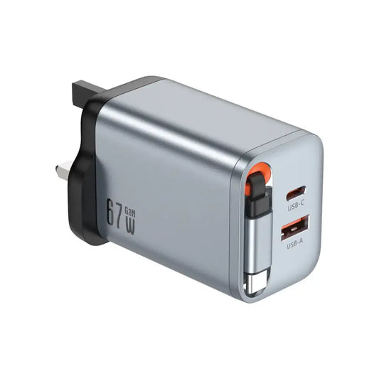 Green Lion GaN Premium UK Plug Wall Charger 40W - Gray -شاحن جداري جرين ليون جان بريميوم بقدرة 40 واط مع كابل مدمج