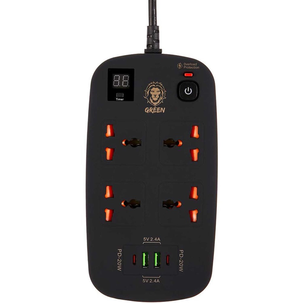 Green Lion 4 AC 2 USB & 2 USB-C PD 40W Multiport Smart Power Socket 3500W (3M) - جرين ليون مشترك كهربائي ذكي متعدد المنافذ 3500 واط (3 متر)
