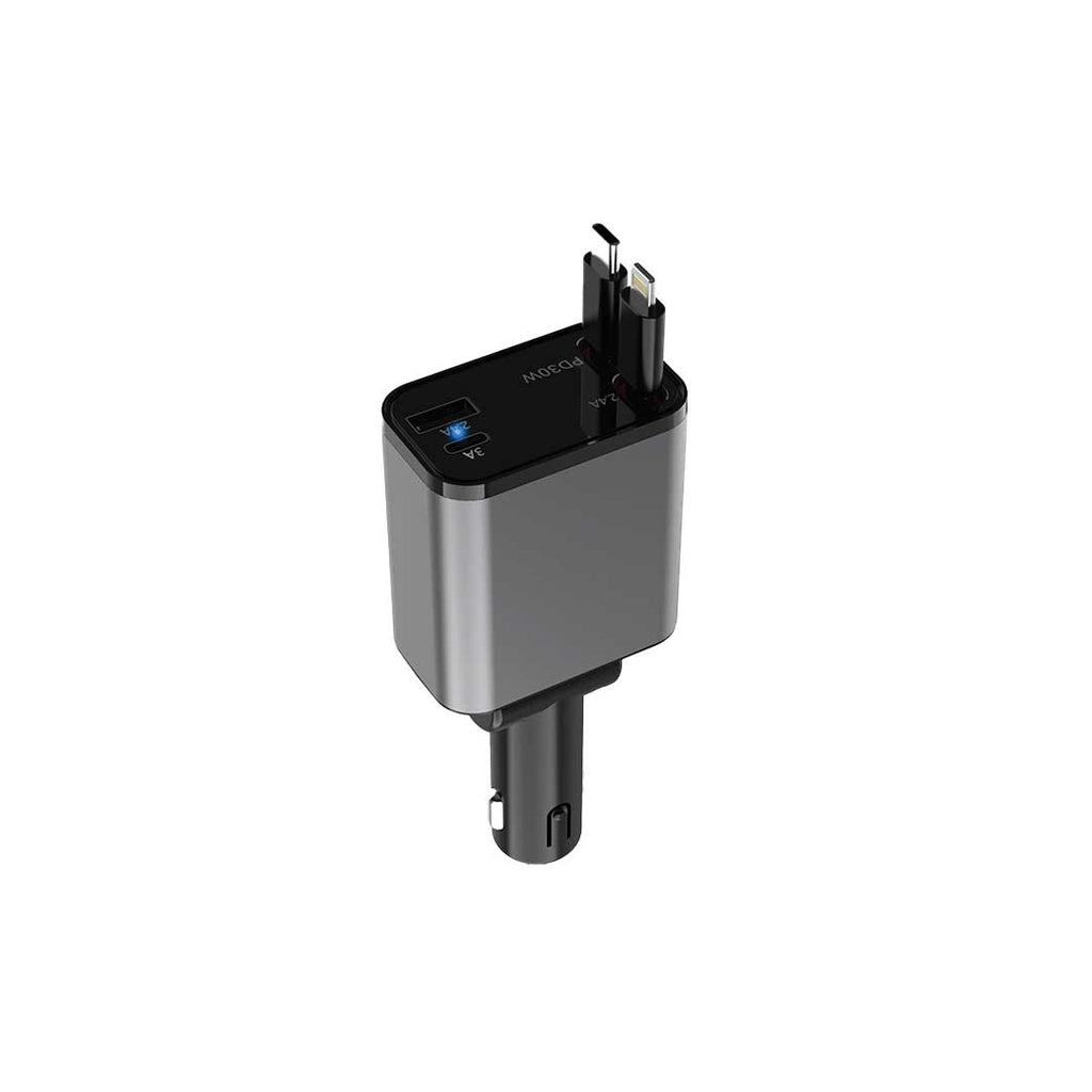 شاحن سيارة جرين لايون بقدرة شحن 50 واط مع كيبلات مدمجة قابلة للسحب - اسود | Green Lion Retractable 50W Car Charger - Black