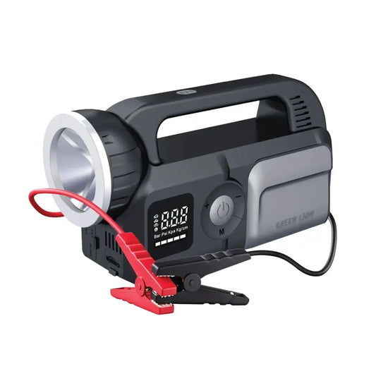 جهاز تشغيل بطارية السيارة جرين لايون سايفيور مع منفاخ هواء للاطارات وكشاف - رمادي | Green Lion Savior 12V Jump Starter, 8L Gasoline, 6L Diesel Engines With Flash Light and Air Compressor – Gray