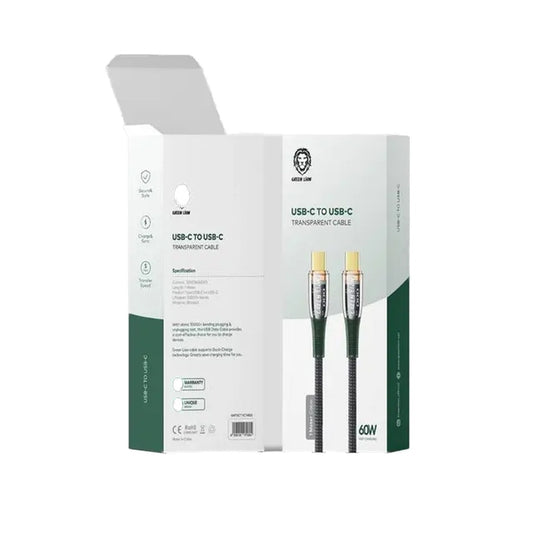كيبل جرين لايون مضفر شفاف من يو اس بي سي الى يو اس بي سي بقدرة 60 واط وطول 1 متر - اسود | Green Lion Braided USB-C to Type-C Transparent Cable 1M PD 60W - Black
