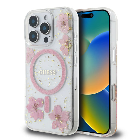 GUESS MagSafe Hard Case with Resin Flowers Design for iPhone 16 Pro | كفر GUESS صلب مزين بزهور الريزن. متوافق مع ماج سيف لهاتف ايفون 16 برو
