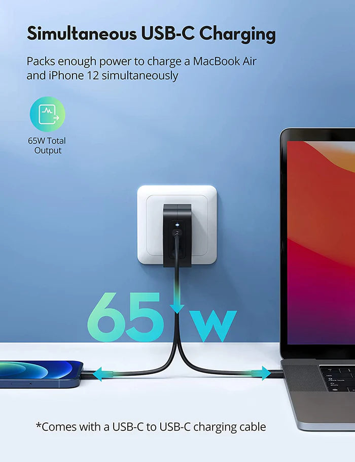 شاحن بقدرة 65 واط مع منفذين تايب سي - RAVPower 65W GaN Tech Wall Charger (PD3.0）