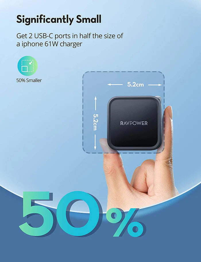 شاحن بقدرة 65 واط مع منفذين تايب سي - RAVPower 65W GaN Tech Wall Charger (PD3.0）