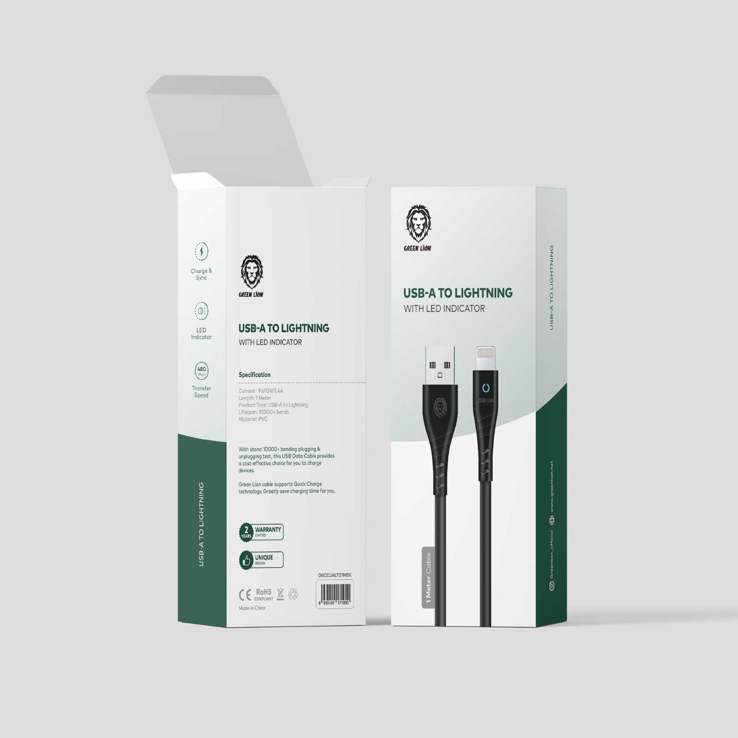 كيبل جرين لايون PVC من يو اس بي اي الى لايتننغ مع مؤشر LED بطول 1 متر - اسود | Green Lion PVC USB-A to Lightning Cable with LED Indicator 1M - Black