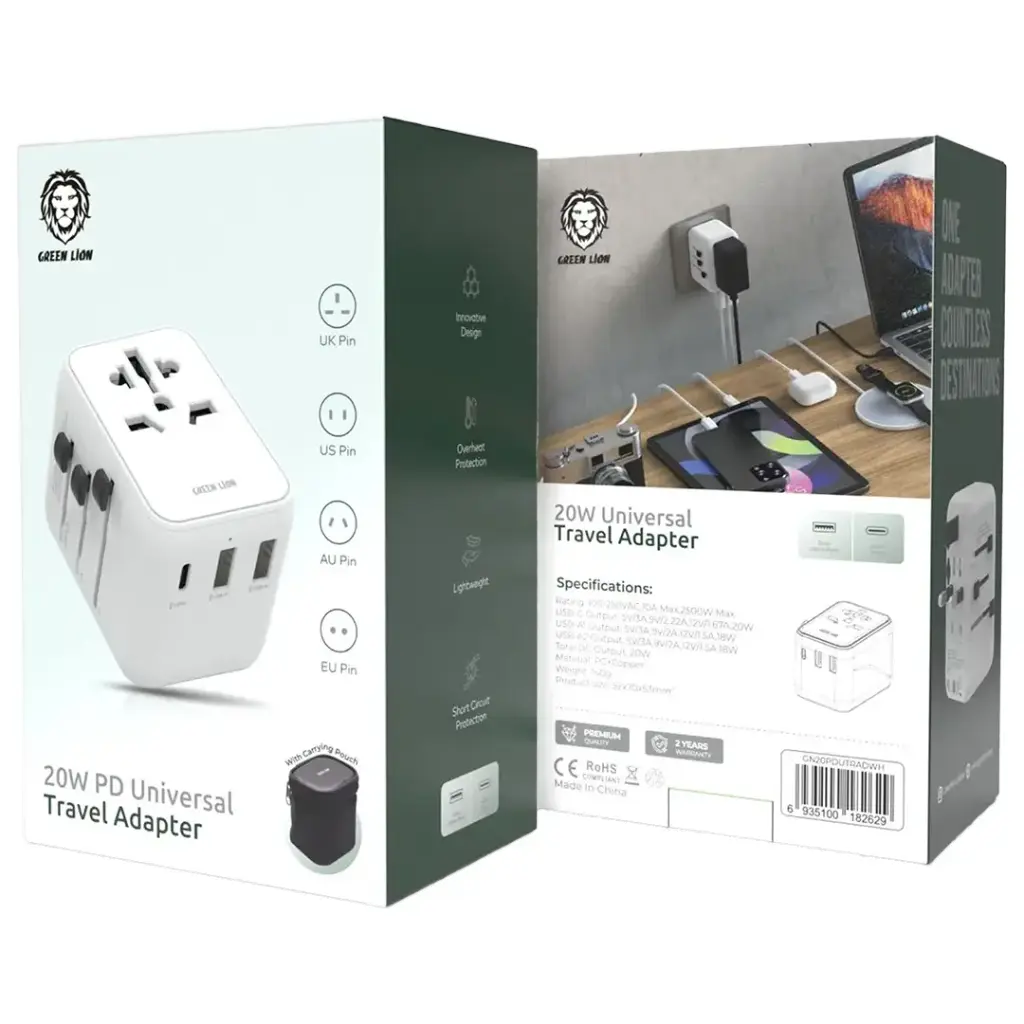 محول سفر عالمي جرين لايون بقدرة شحن 20 واط - ابيض | Green Lion 20W Universal Travel Adapter - White