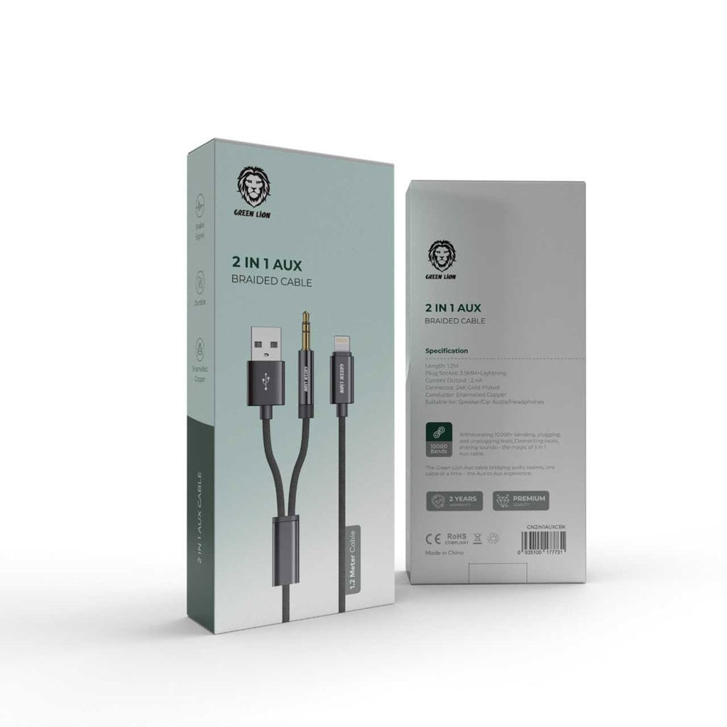 كيبل جرين لايون 2 في 1 اوكس و لايتننغ بطول 1.2 متر | Green Lion 2-in-1 AUX + Lightning Cable 1.2m Durable