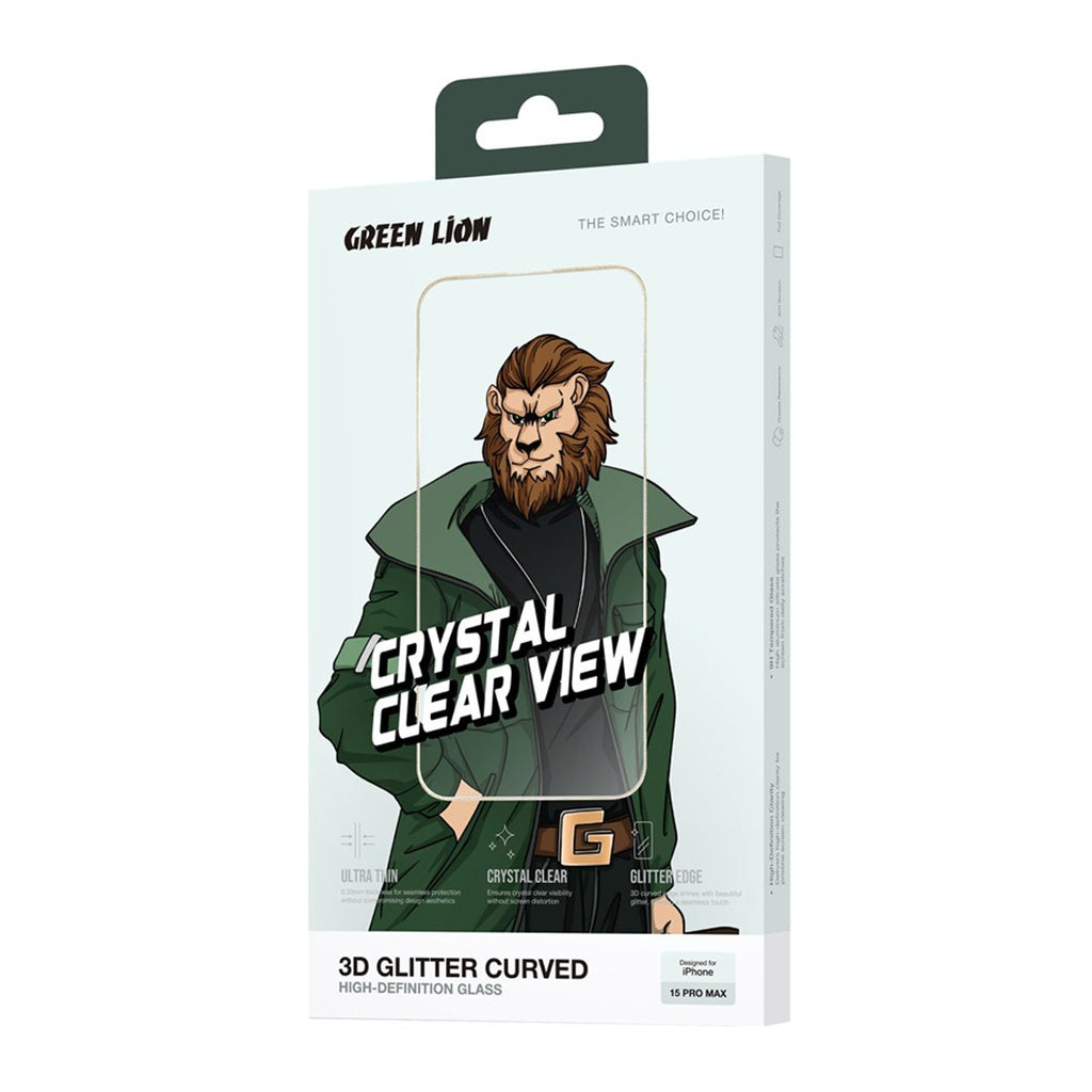 واقي شاشة جرين لايون منحنية للحماية لهاتف ايفون 15 برو ماكس - تيتانيوم | Green Lion 3D Glitter Curved Screen Protector for iPhone 15 Pro Max - Titanium