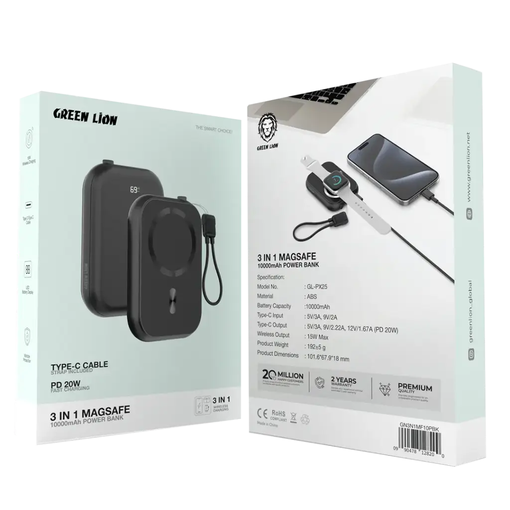 جرين لايون 3 في 1 ماغسيف باور بانك بسعة 10,000 مللي امبير وبقدرة شحن 20 واط - اسود | Green Lion 3 in 1 MagSafe 10000mAh Power Bank PD20W - Black