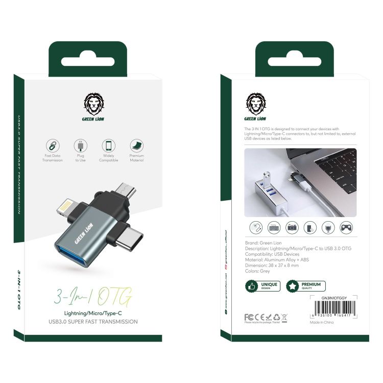 محول OTG جرين لايون 3 في 1 بمنافذ لايتننغ ومايكرو وتايب سي - رمادي | Green Lion 3-in-1 OTG Adapter – Lightning / Micro / Type-C - Gray