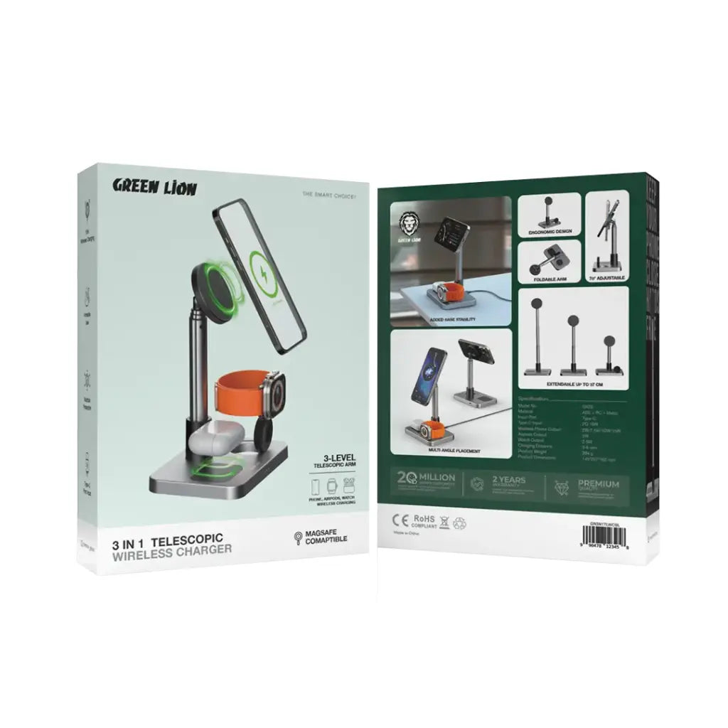 شاحن جرين لايون اللاسلكي 3 في 1 بتصميم تلسكوبي - فضي | Green Lion 3 in 1 Telescopic Wireless Charger – Silver