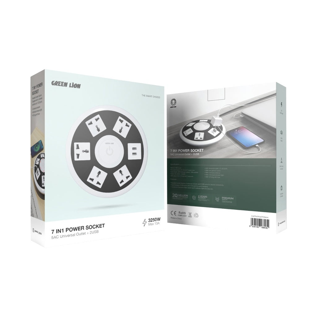 منفذ طاقة جرين لايون 7 في 1 مع 5 منافذ AC ومنفذي يو اس بي اي - ابيض | Green Lion 7 in 1 Power Socket 5AC Universal Outlet + 2USB - White