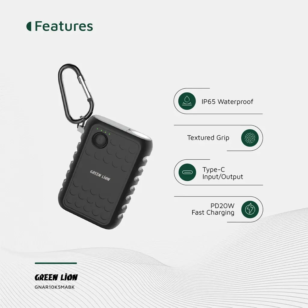 Green Lion Armor 10050mAh Power Bank PD 20W - Black - جرين ليون باور بانك أرمور 10050 مللي امبير مع بي دي 20 واط - اسود