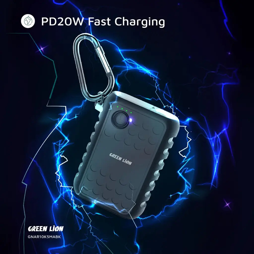 Green Lion Armor 10050mAh Power Bank PD 20W - Black - جرين ليون باور بانك أرمور 10050 مللي امبير مع بي دي 20 واط - اسود