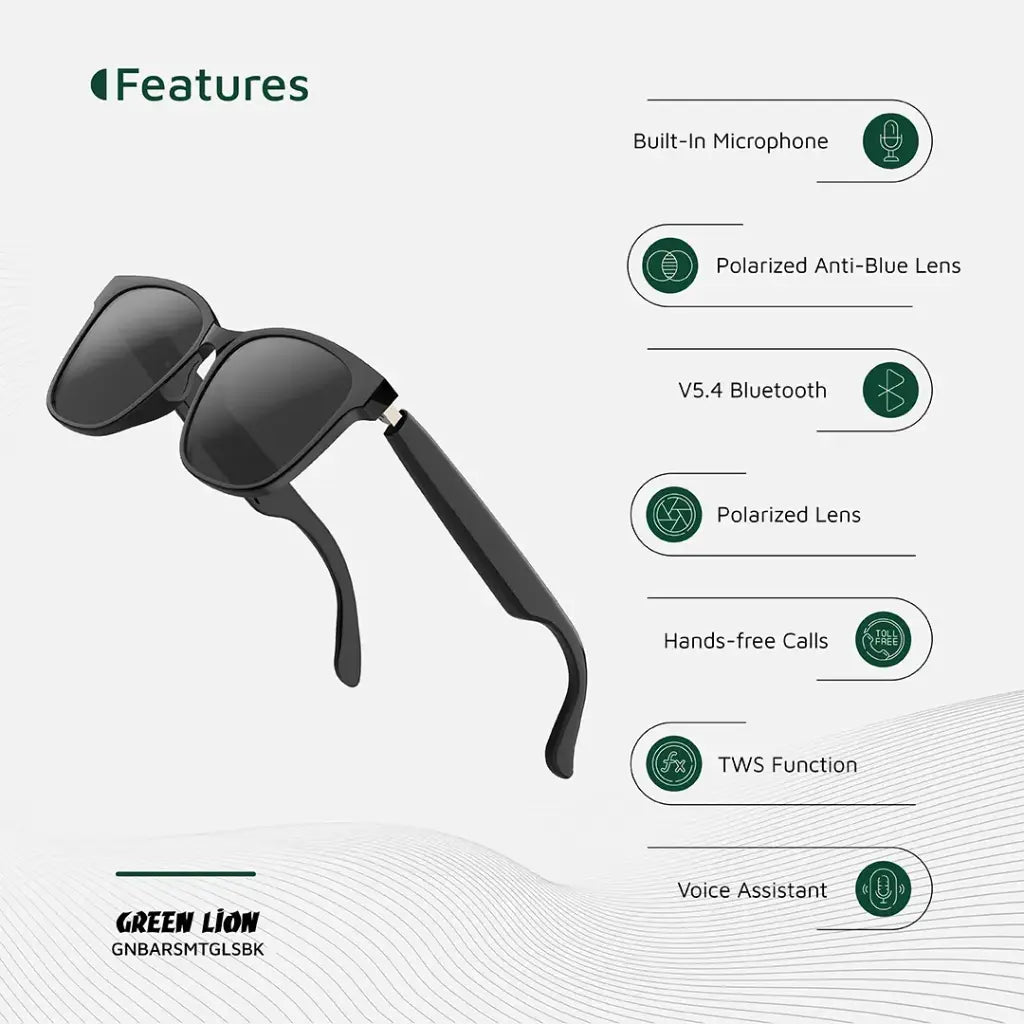 نظارات جرين لايون برشلونة  الذكية بعدسات مضادة للضوء الأزرق وحماية يو في - اسود | Green Lion Barcelona Smart Glasses - Black