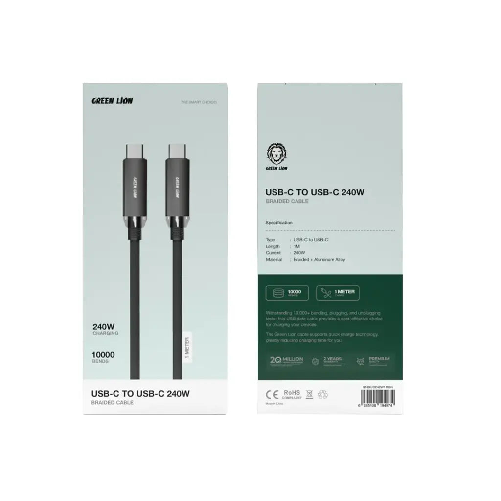 كيبل جرين لايون مضفر يو اس بي سي الى يو اس بي سي بقدرة 240 واط وطول 1 متر - اسود | Green Lion Braided USB-C to USB-C Cable 1m 240W - Black