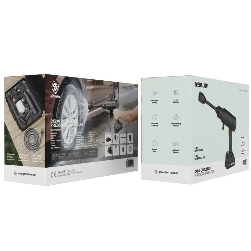 مسدس غسيل بالضغط من جرين لايون, لاسلكي بسعة بطارية 6000 مللي امبير قابلة للفصل | Green Lion CX240 Cordless Pressure Wash Gun, 6000mAh detachable battery