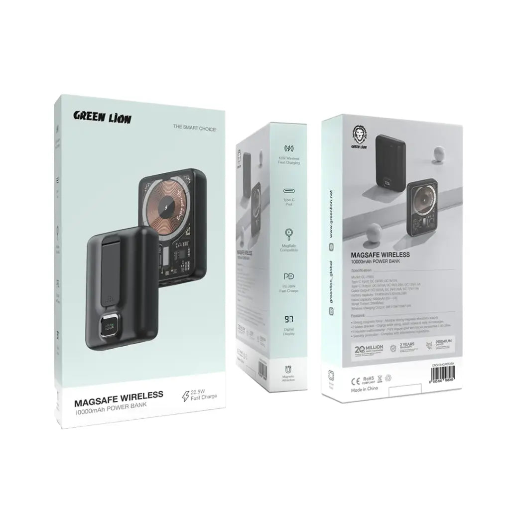 ماغسيف باور بانك جرين لايون تشامبرز بسعة 10,000 مللي امبير -  اسود | Green Lion Chambers MagSafe 10000mAh Power Bank – Black