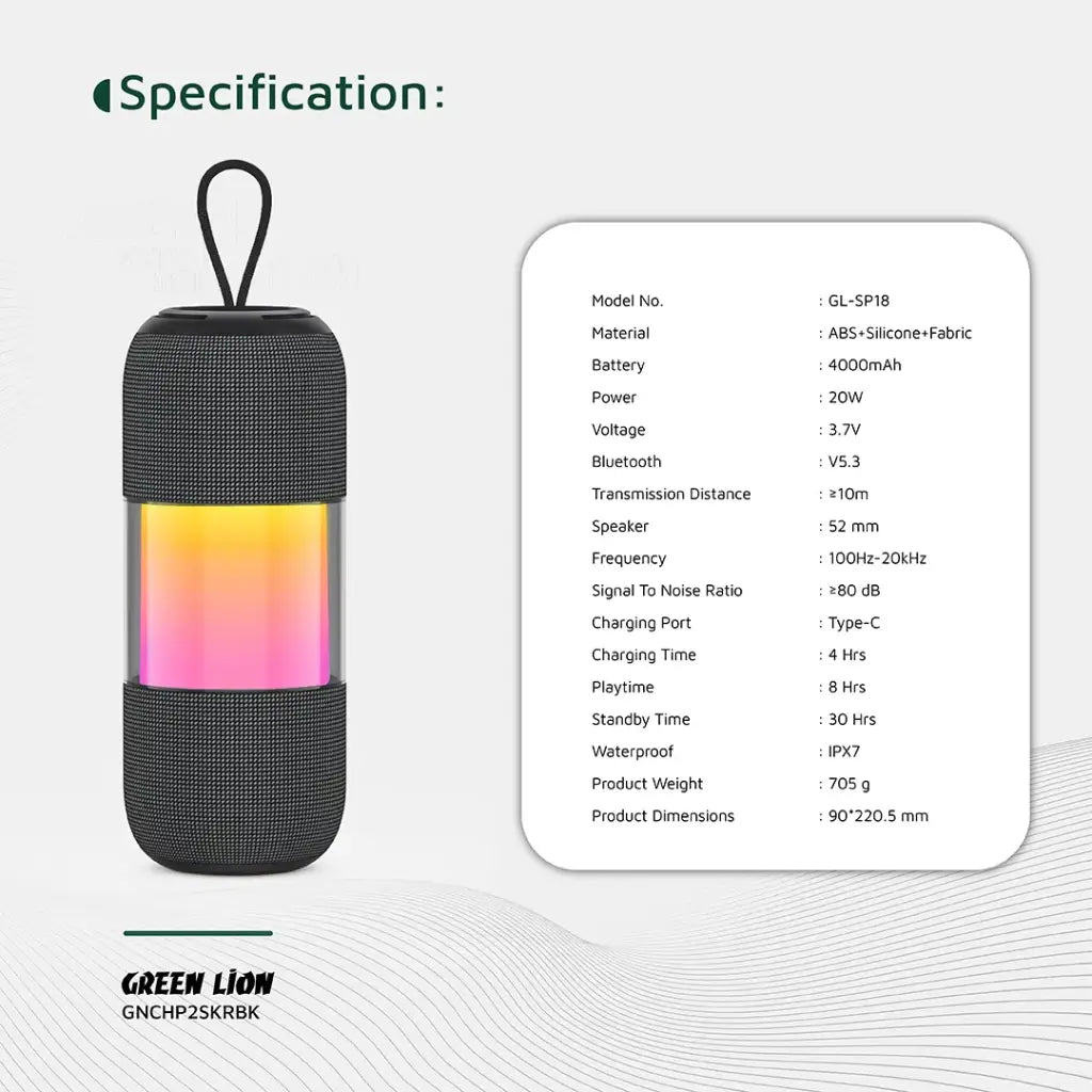 سبيكر جرين لايون جينج برو المحمول مع اضائة RGB - اسود | Green Lion Change Pro RGB Portable Speaker - Black