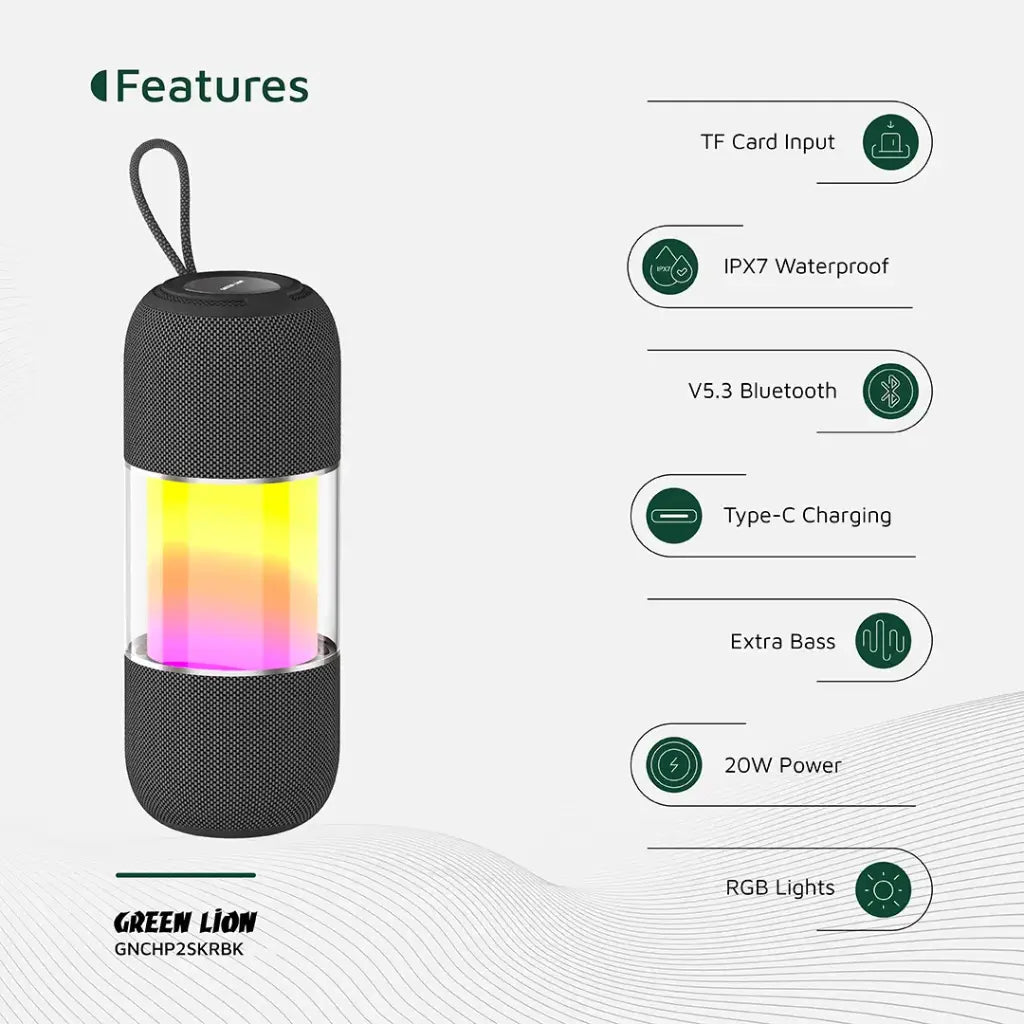 سبيكر جرين لايون جينج برو المحمول مع اضائة RGB - اسود | Green Lion Change Pro RGB Portable Speaker - Black