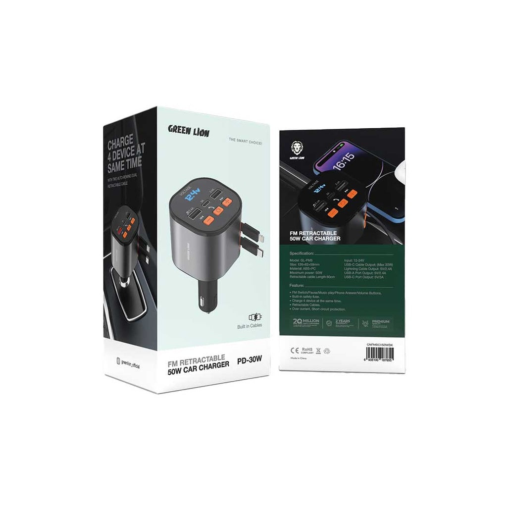 شاحن سيارة وجهاز ارسال FM جرين لايون مع كيبلات مدمجة قابلة للسحب بقدرة شحن 50 واط - اسود | Green Lion FM Retractable 50W Car Charger – Black