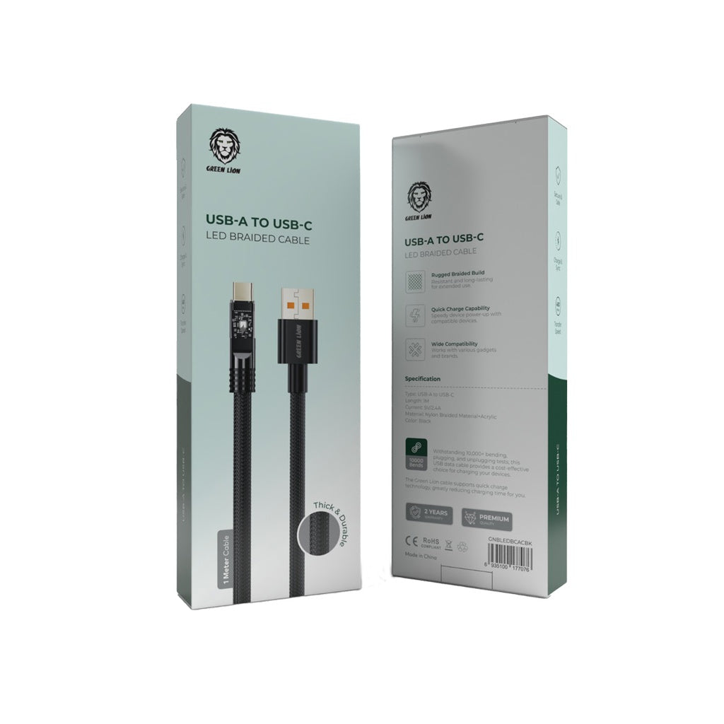 جرين لايون كيبل مضفر يو اس بي اي الى يو اس بي سي باضائة LED وطول 1 متر - اسود | Green Lion LED Braided Cable USB-A to USB-C 1M - Black
