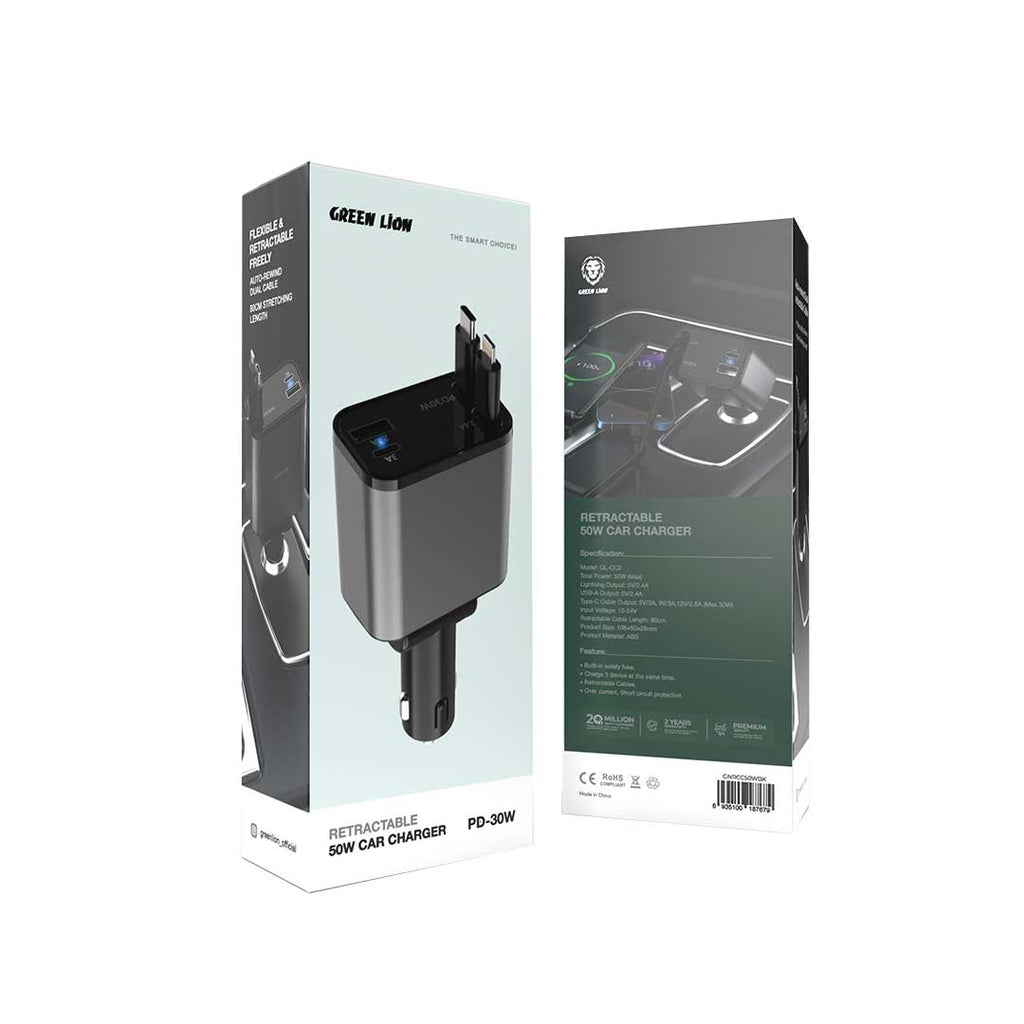 شاحن سيارة جرين لايون بقدرة شحن 50 واط مع كيبلات مدمجة قابلة للسحب - اسود | Green Lion Retractable 50W Car Charger - Black