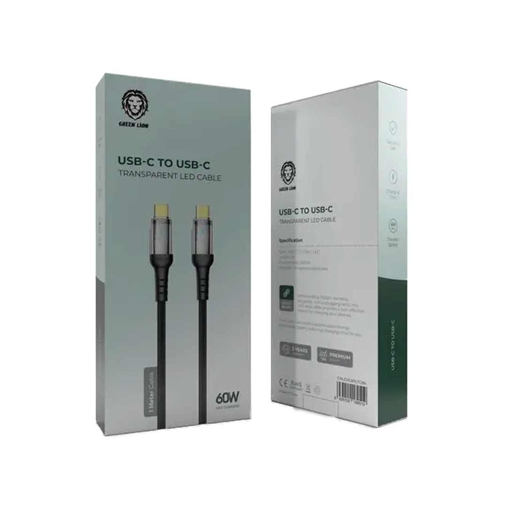 كيبل جرين لايون شفاف يو اس بي سي الى يو اس بي سي بقدرة شحن 60 واط واضائة LED, بطول 1 متر - اسود | Green Lion Transparent LED Cable 60W C to C - Black