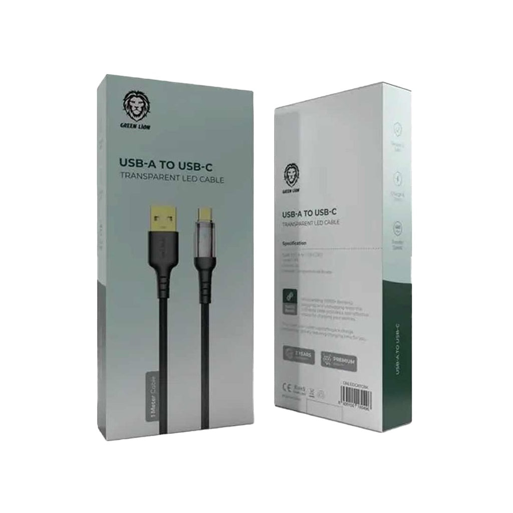 كيبل جرين لايون يو اس بي اي الى يو اس بي سي شفاف باضائة LED - اسود | Green Lion Transparent LED Cable USB to Type-C - Black