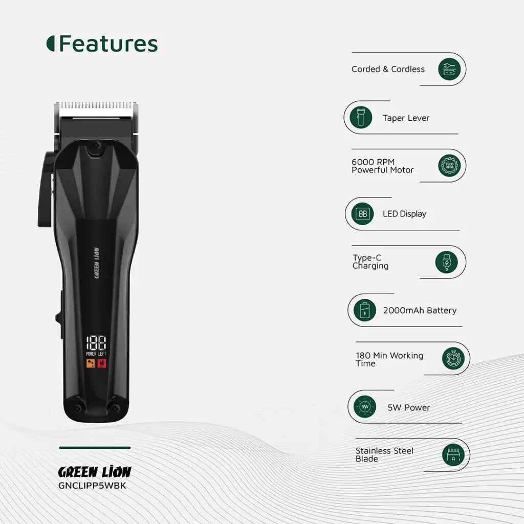 ماكينة الحلاقة الاحترافية جرين لايون كليب برو - اسود | Green Lion Clip Pro Professional Hair Clipper - Black