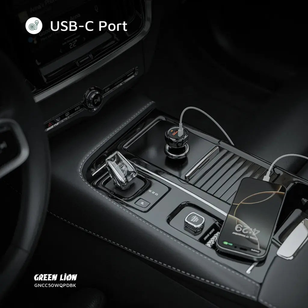 Green Lion Dual Port Car Charger 50W (with C to C / C to L Cable) - شاحن سيارة جرين ليون 50 واط بشحن سريع USB-A وUSB-C مزدوج