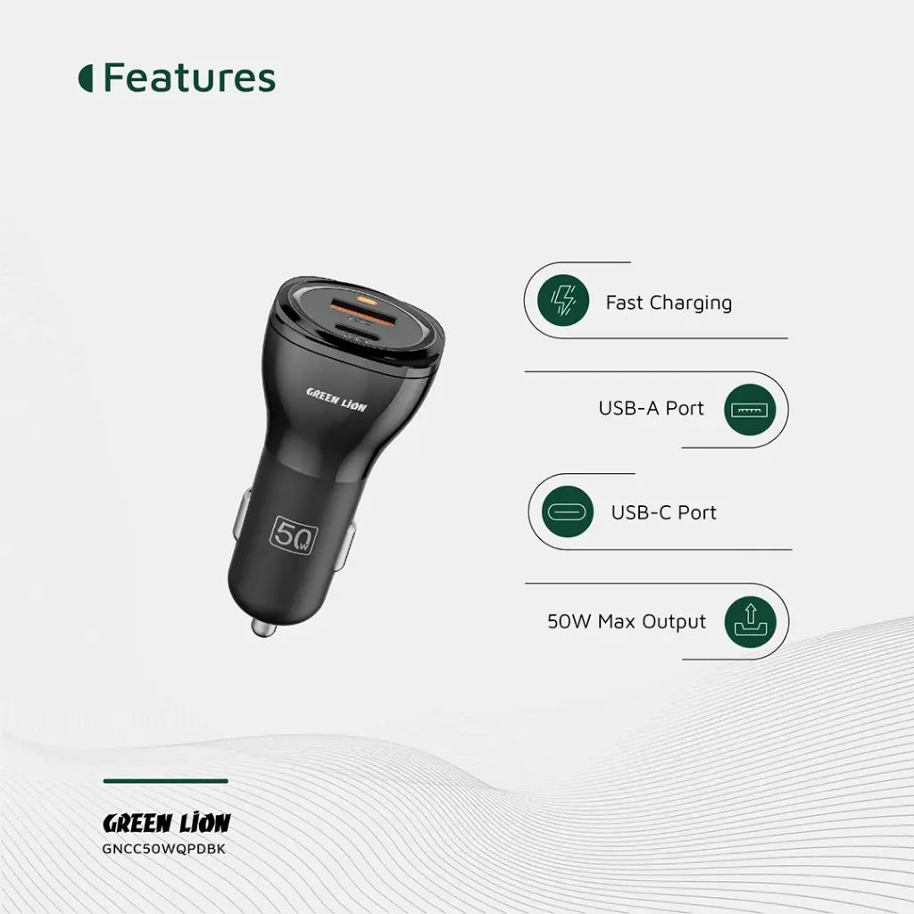 شاحن سيارة جرين لايون ثنائي المنافذ بقدرة شحن 50 واط PD 30W + QC 20W - اسود | Green Lion Dual Port Car Charger 50W (PD 30W + QC 20W) - Black