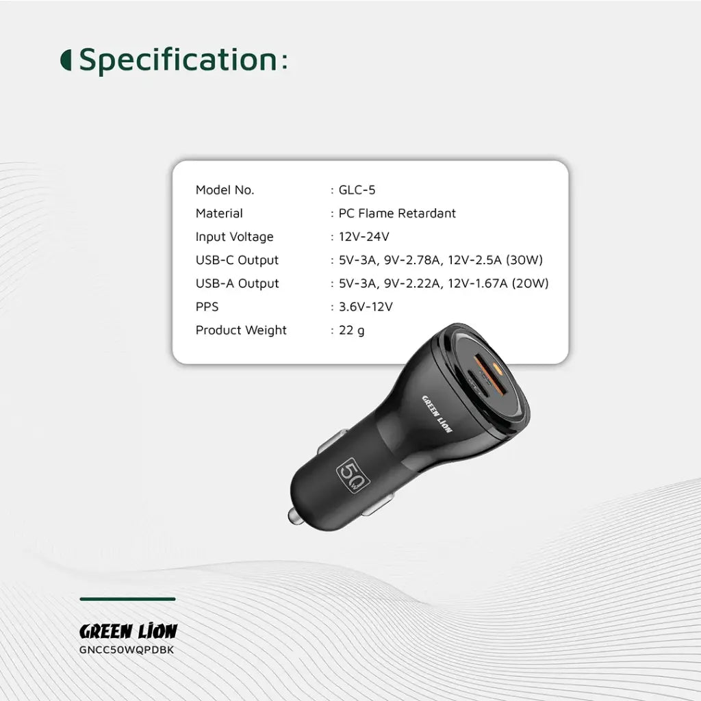 شاحن سيارة جرين لايون ثنائي المنافذ بقدرة شحن 50 واط PD 30W + QC 20W - اسود | Green Lion Dual Port Car Charger 50W (PD 30W + QC 20W) - Black