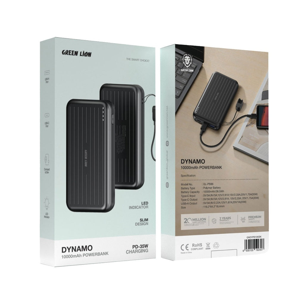 باور بانك جرين لايون داينمو بسعة 10,000 مللي امبير - اسود | Green Lion Dynamo 10000mAh Powerbank - Black