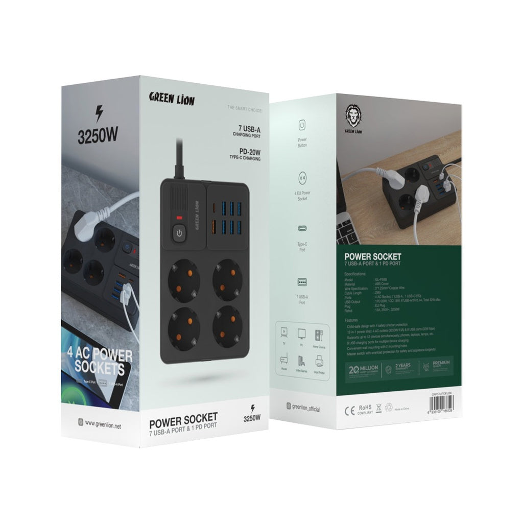 وصلة كهربائية جرين لايون ب 7 منافذ يو اس بي اي ومنفذ تايب سي - اسود | Green Lion Power Socket 7 USB-A Port & 1 PD Port - Black