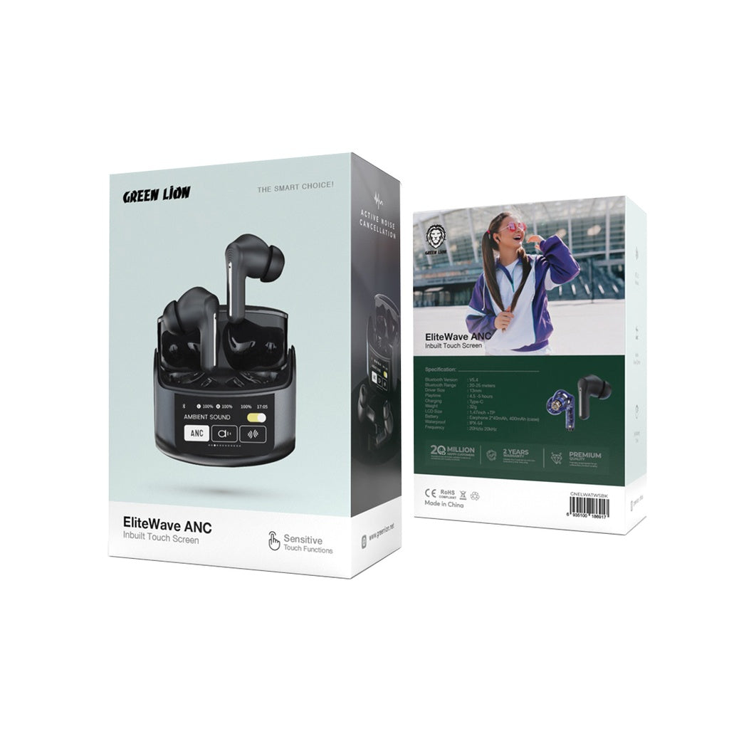 سماعات جرين لايون ايليت ويف بخاصية الغاء الضوضاء النشط وشاشة لمس مدمجة - اسود | Green Lion EliteWave ANC Inbuilt Touch Screen - Black