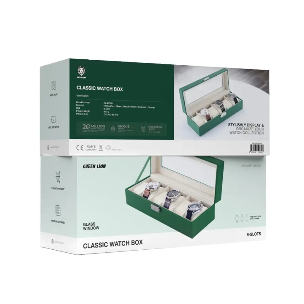 علبة ساعات جرين لايون كلاسيك ب 6 فتحات وزجاج علوي - اخضر | Green Lion Classic Watch Box 6 Slots with Glass - Green