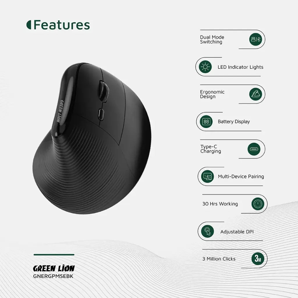 ماوس جرين لايون العمودي بتصميم مريح - اسود | Green Lion Ergo Grip Vertical Mouse - Black