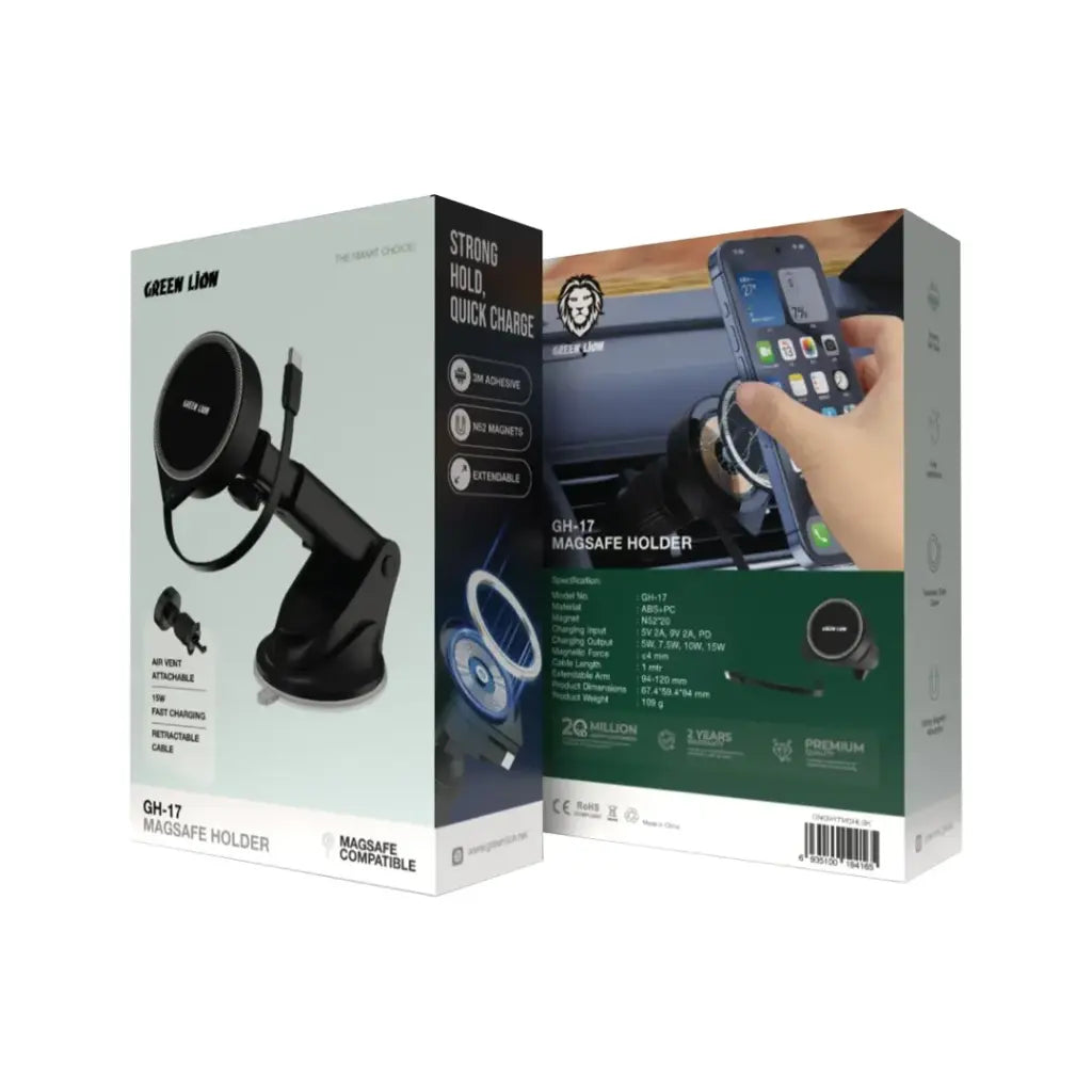حامل هاتف جرين لايون GH-17 ماغسيف بقدرة شحن 15 واط - اسود | Green Lion GH-17 MagSafe Holder 15W - Black