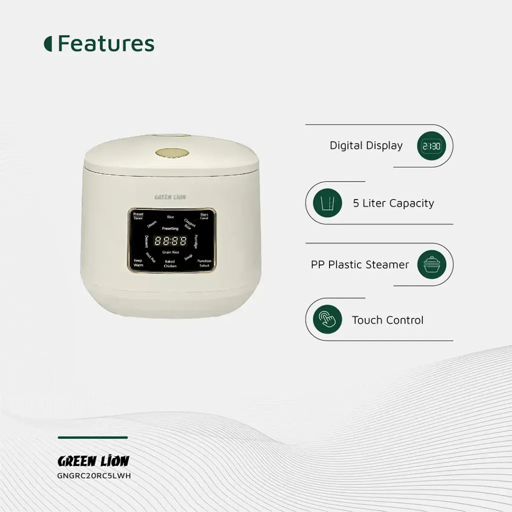 طباخة أرز رقمية جرين لايون GRC-20 سعة 5 لتر | Green Lion GRC-20 Digital Rice Cooker 5L