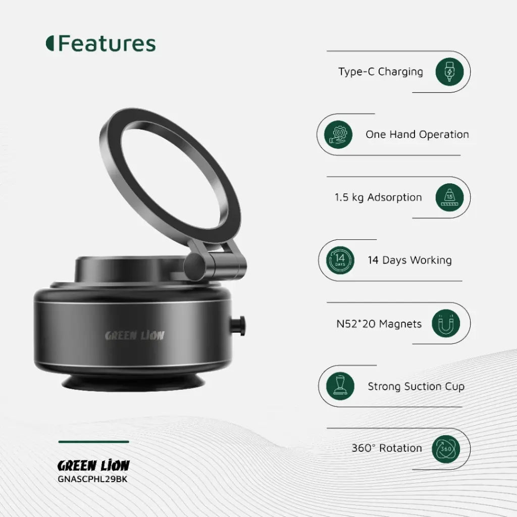 حامل هاتف سيارة جرين لايون GX-29 مغناطيسي بقاعدة شفط – أسود | Green Lion GX-29 Auto Suction Phone Holder - Matte Black