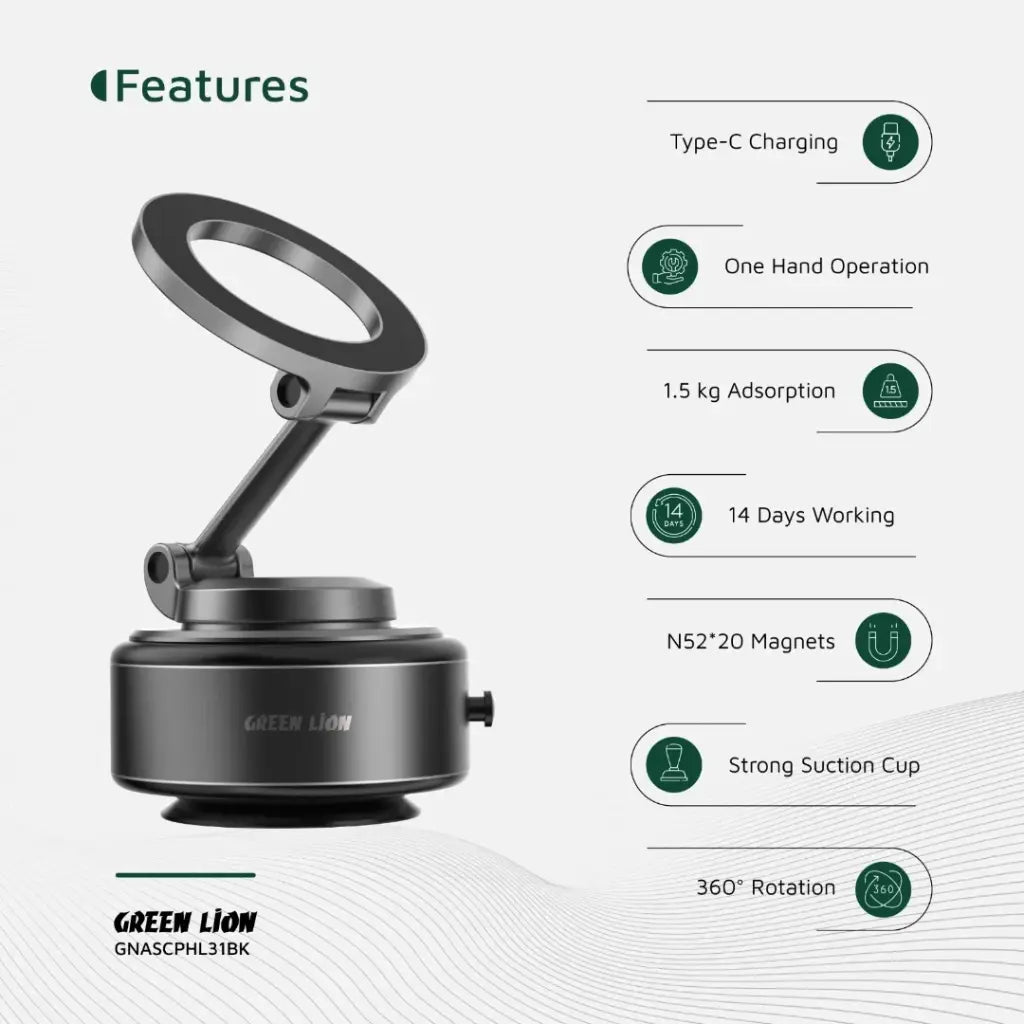 حامل هاتف سيارة جرين لايون مغناطيسي مع قاعدة شفط - اسود  | Green Lion GX-31 Auto Suction Phone Holder - Matte Black
