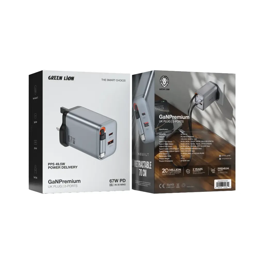 جرين لايون شاحن جداري GaN  بقدرة 67 واط مع كيبل تايب سي مدمج - رمادي | Green Lion GaNPremium UK Plug PD 67W - Gray