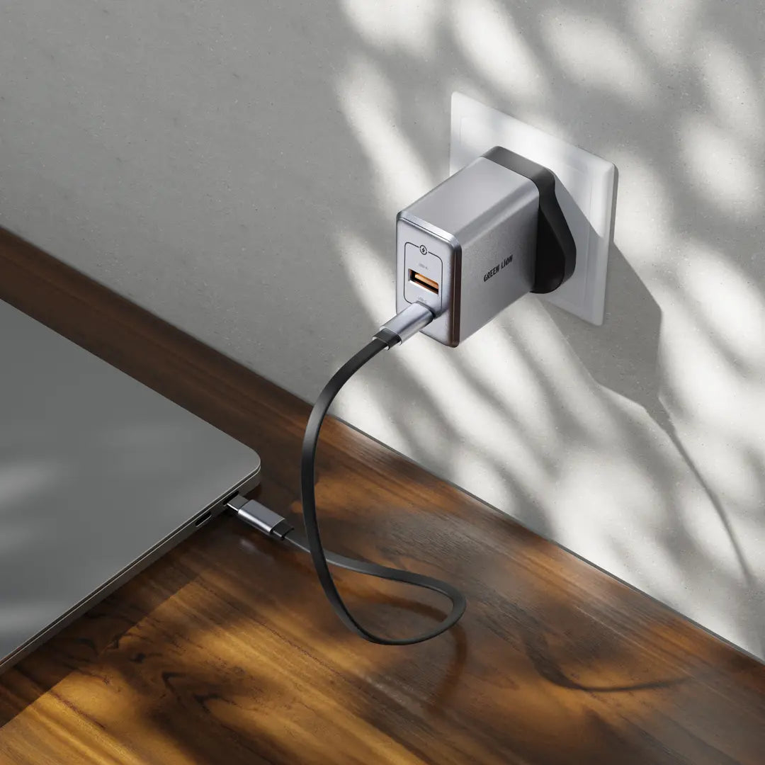 Green Lion GaN Premium UK Plug Wall Charger 65W - Gray - شاحن الحائط جرين ليون جان بريميوم بمقبس المملكة المتحدة 65 واط