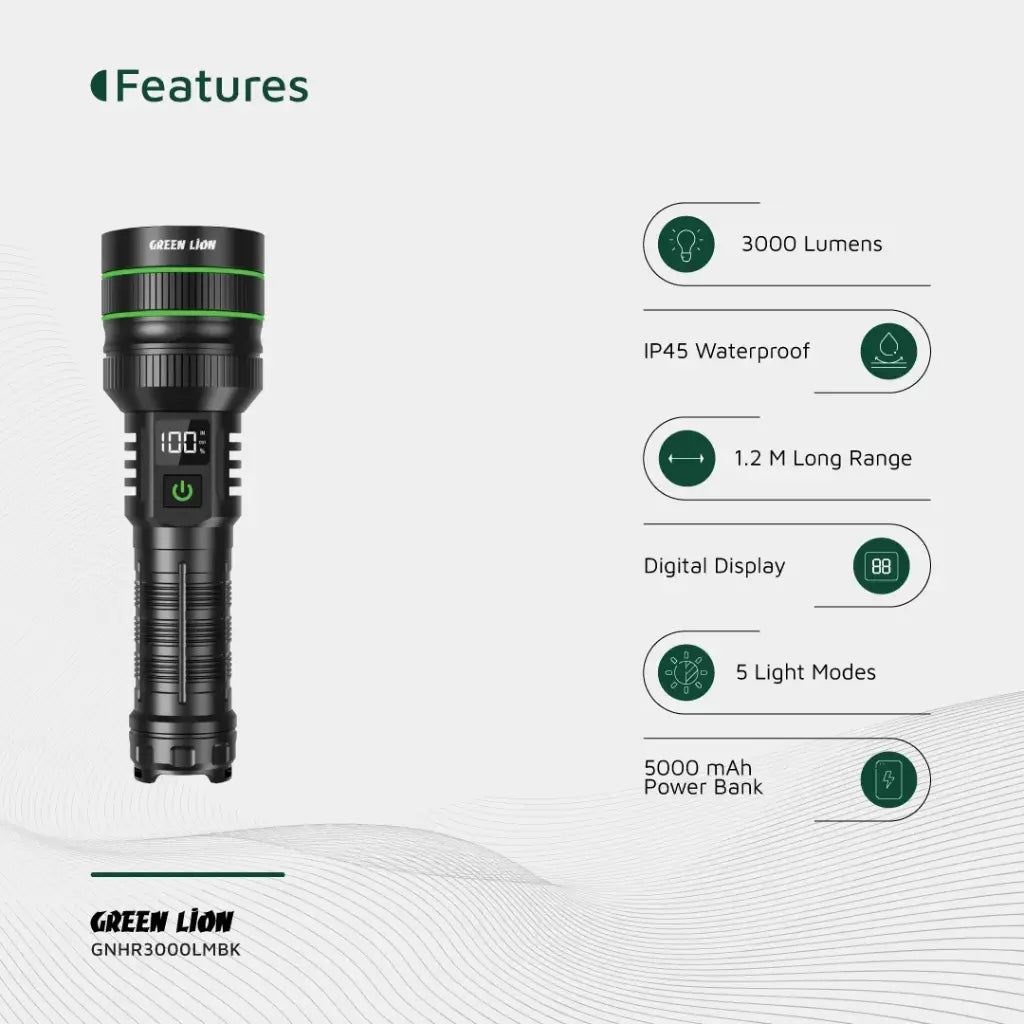 كشاف جرين لايون هايبر راي برو بقوة 3000 لومن - اسود | Green Lion Hyper Ray Pro 3000LM LED Torch – Black
