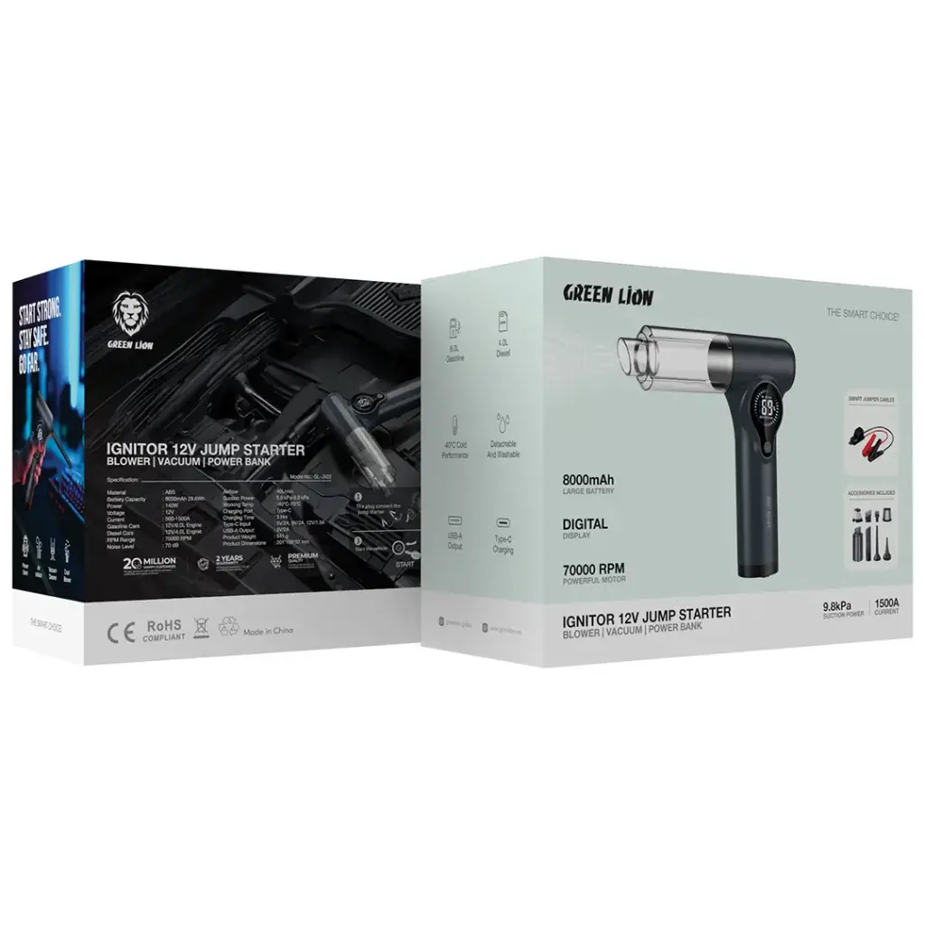 جرين لايون اغنايتور 4 في 1, مشغل سيارة ومنفاخ هواء ومكنسة وباور بانك - رمادي | Green Lion Ignitor 12V 4 in 1, Jump Starter | Blower | Vacuum And Power Bank - Gray